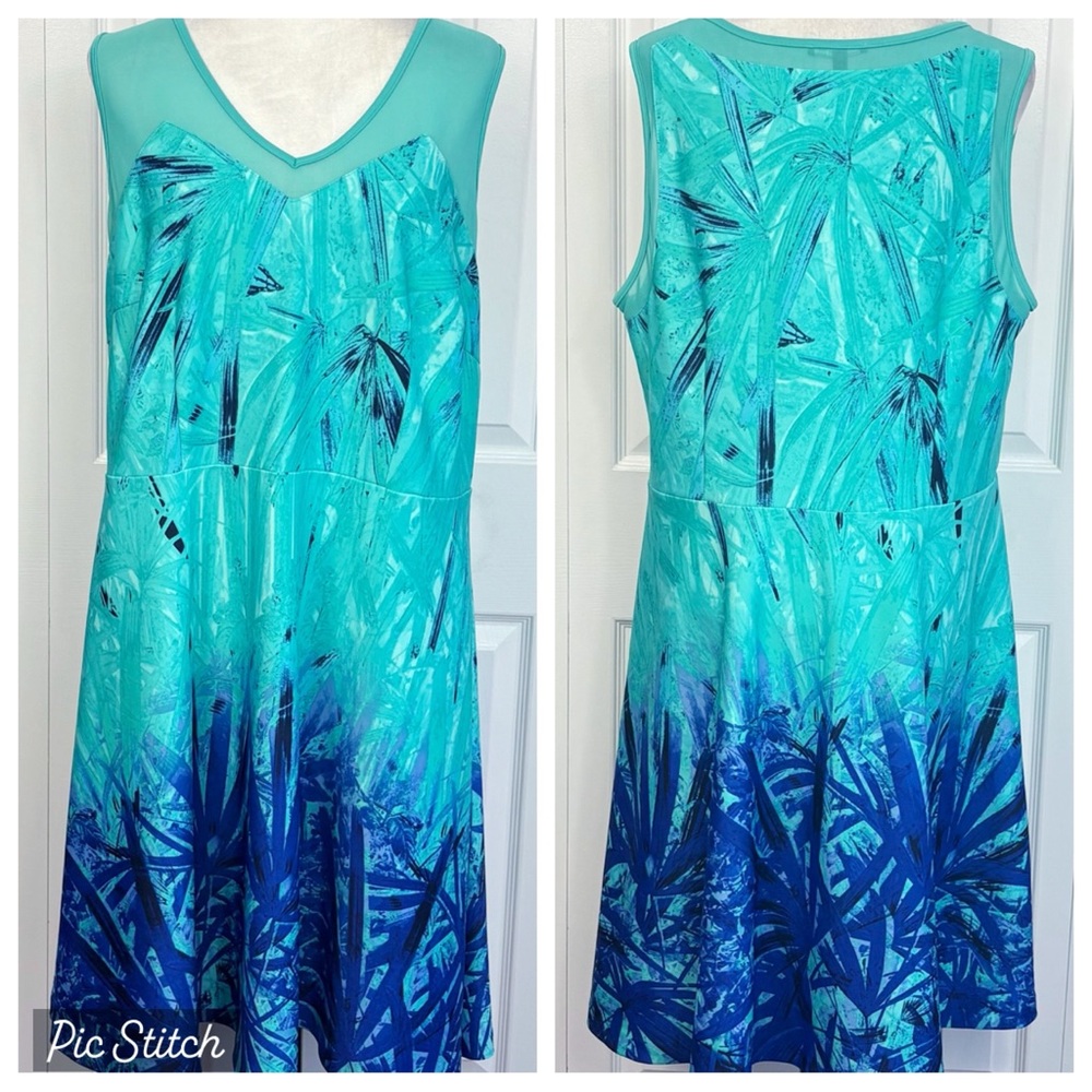 Cable & Gauge 1X Aqua Blue Print Sleeveless Sheer Mesh Fit & Flare Dress